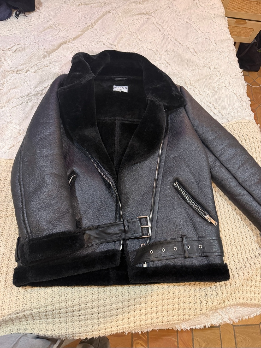 NA-KD Black Faux Shearling Biker Jacket
